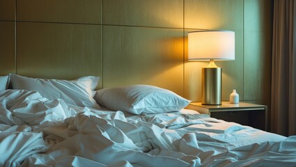 Concentrated view of disorganized bedroom featuring lamp beside bed. Creased bed linens and cushions. Chaotic bedroom, white pillow with unmade blanket on bed, oversleeping theme.