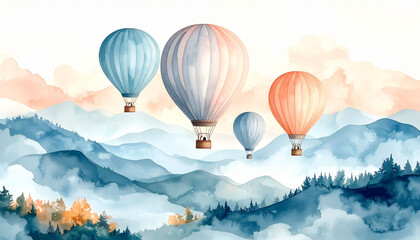 Obraz premium the image depicts a serene landscape with several air balloons drifting across the sky. below, a range of mountains extends into the distance, shrouded in a light mist