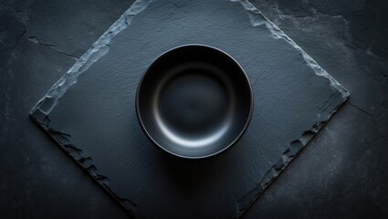 Isolated black ceramic bowl on dark grey slate viewed from above. Text space available.