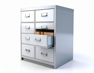 the scene shows a metallic piece of office furniture standing against a white background. the cabinet features seven drawers, arranged in columns and rows, some of which are closed