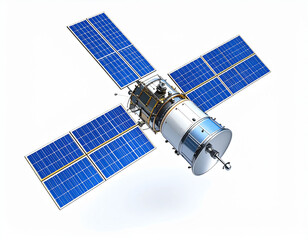 the image showcases a satellite against a plain background. the satellite's main body is cylindrical and metallic, with several panels extending outwards