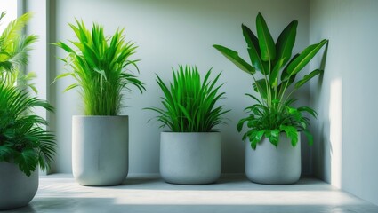 Fototapeta premium Tropical green plants in pots. Stunning houseplants in large containers for decor. Gardening inspiration