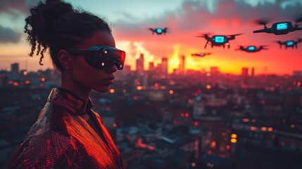 Futuristic woman cityscape drones