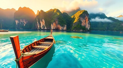 Obraz premium Longtail boat on turquoise sea with island mountains in the background