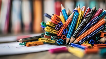 Obraz premium Colorful writing implements clustered together on a wooden surface.