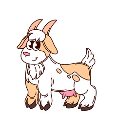 Funny white and beige goat with big eyes, curved horns, and small udder. Standing with fluffy legs and short tail. Groovy cartoon doodle style. Vector illustration for kids design and stickers.
