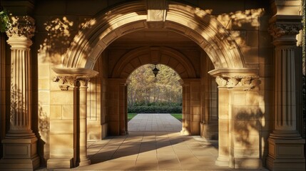 beautifully carved sandstone archway illuminated by soft afternoon light, creating warm and inviting atmosphere.