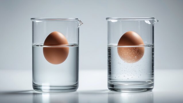 A beaker filled with just water and a submerged egg, while another beaker with salt water has an egg floating.