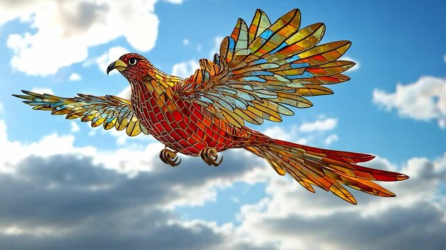 Stained-Glass Parrot in Flight: A vibrant stained-glass parrot soars through a bright blue sky, its wings outstretched in a breathtaking display of color and artistry.