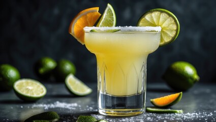 Mexican Lime Lemon Margarita Displayed on Grey with Orange and Lime Slices in Front of a Black Background
