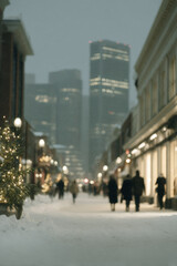 serene christmas scene in busy american city with soft glowing lights adorning buildings and streets