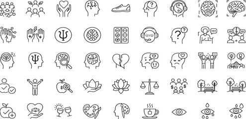 Mental Health Line Editable Icons set. Vector illustration in modern thin line style of medical icons: components of a healthy lifestyle and mental balance.