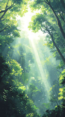 Obraz premium Luminous Rays Illuminate Lush Green Forest A Pastel Digital Painting