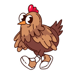 Brown hen with red comb, wearing sneakers and walking forward with confident smile. Groovy cartoon doodle style. Funny farm animal for kids projects, cards, or branding. Vector illustration.