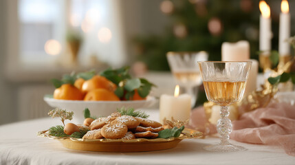 beautifully arranged christmas table in cozy american home featuring golden tray at center
