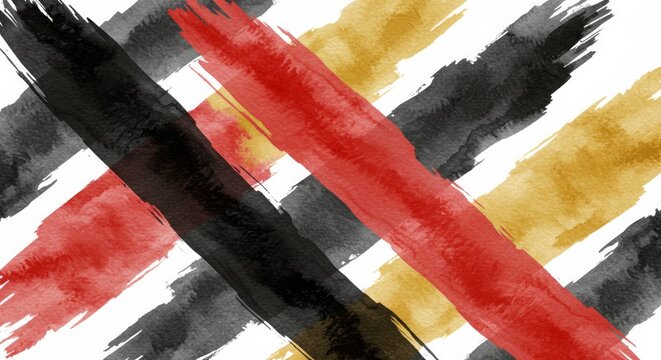 Abstract diagonal watercolor brush strokes in red, black and yellow palette