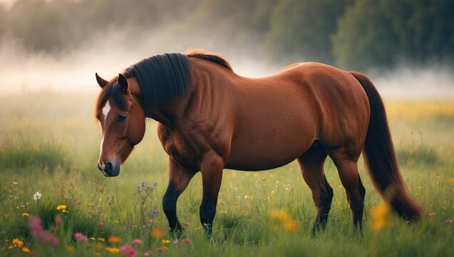 Equine breed roaming freely in the pasture