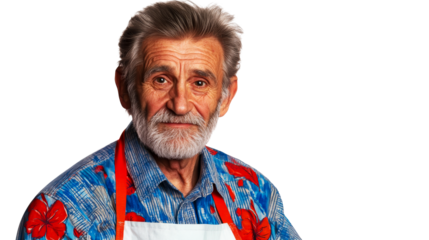 Senior cook, white beard, apron, flowered shirt, cut out transparent