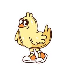 Funny yellow chicken with big eyes, wearing orange sneakers and walking confidently. Groovy cartoon doodle style. Farm animal for kids design, stickers, or prints. Vector illustration