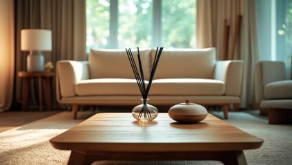A Stylish Living Room Showcasing a Gorgeous Wooden Coffee Table and an Elegant Diffuser