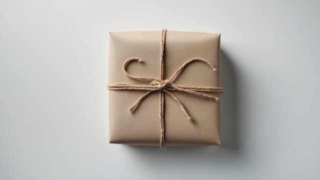 Small wrapped package with rope and kraft paper on white background