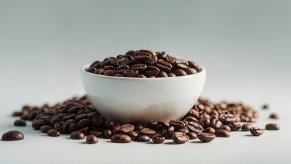 Fototapeta premium A plain background featuring a white ceramic bowl brimming with roasted coffee beans, showcasing their rich texture and earthy hues, perfect for coffee or culinary imagery.
