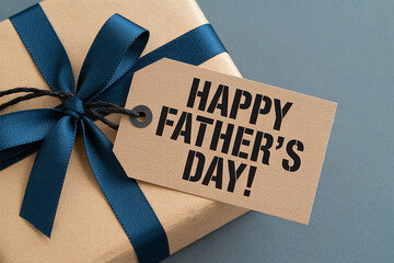 Happy fathers day gift box with blue ribbon and tag with bold text greeting for dad