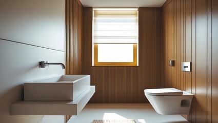 Foreground view of a stylish bathroom with the washbasin, sanitaryware, and wainscoting