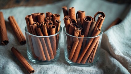 Cinnamon sticks displayed in glasses on linen fabric. Whole dried inner bark on the left, and on the right, utilized as spice and food additive.