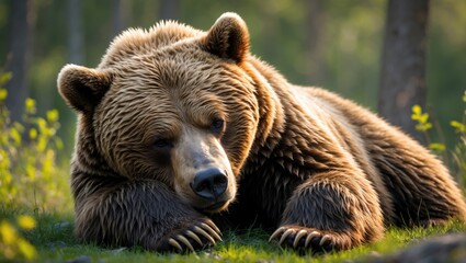 Fototapeta premium Big fluffy bear sprawled on the grass in the forest, placing his face on his paws and closing his eyes