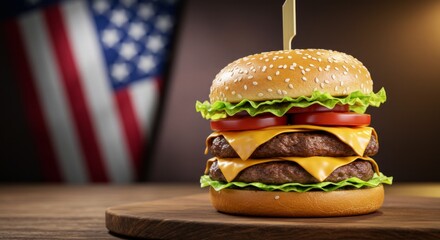 American Style Double Cheeseburger Featuring US Flag for Culinary Celebration