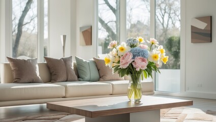 Modern room interior featuring a cozy sofa and a table adorned with spring flowers