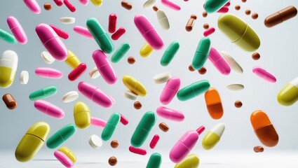 Assorted pills descending on a white surface