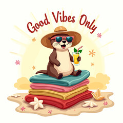 “Hello Summer Illustration with Watermelon, Flip Flops, Straw Hat, and Citrus Fruits – Fun Tropical Design”

