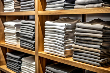 Obraz premium Stacked T-Shirt Mockup on Wooden Shelf – Folded Tees in White, Black, and Grey with Visible Front Design Area, Warm Lighting