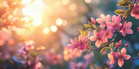 Fototapeta premium Blossoming pink flowers under golden sunlight in a serene spring garden during sunset