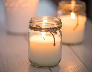 Lit candles in glass jars on a wooden surface. Soft, warm lighting creates a peaceful and relaxing atmosphere. Ideal for websites, blogs, or social media posts related to relaxation, home décor