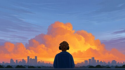 Fototapeta premium Boy on Rooftop with Headphones Watching Vibrant Sunset Over Urban Skyline