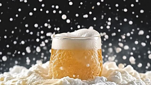 spectacular slow motion beer splash, overfilled glass tipping, dramatic arcs of liquid frozen in time, isolated on a solid black background