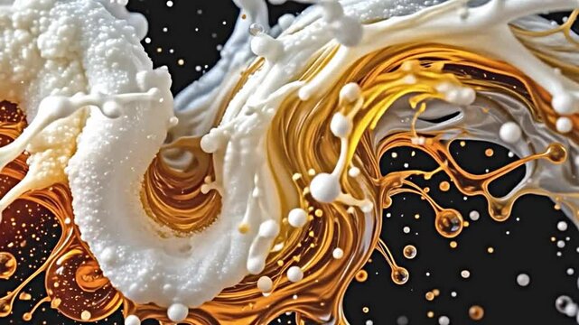 spectacular slow motion beer splash, overfilled glass tipping, dramatic arcs of liquid frozen in time, isolated on a solid black background