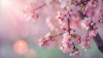 Obraz premium Spring border or background design featuring pink blossoms. Stunning natural scenery with a blooming tree and sunlight flare. Spring blooms. Gorgeous orchard with an abstract blurred backdrop.