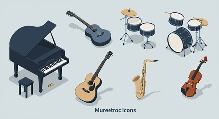 Isometric illustration of musical instruments set against a neutral background