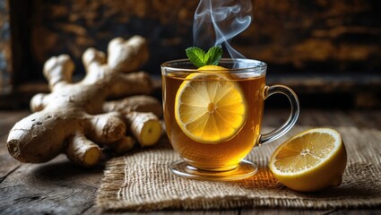 Magnified image of a tea cup showcasing tea leaves and mint on an old wooden background. Black herbal tea blended with lemon, ginger, and honey. Steaming drink.