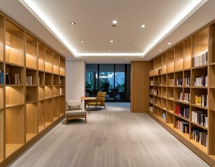 Modern library interior with wooden bookshelves, comfortable seating, and large windows offering a view of greenery. Perfect for relaxation, reading, or study.