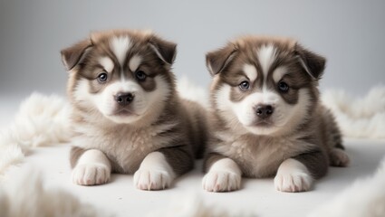 Front view of two Alaskan Malamute puppies on a white background.