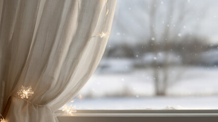 cozy winter scene featuring curtain adorned with christmas lights softly glowing against snowy landscape