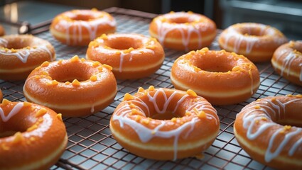 Close-up view of freshly baked homemade donuts with glaze resting on a wire rack as they await the drying of the drizzle