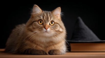 Fototapeta premium Fluffy Cat Wearing Wizard Hat Sitting Beside Open Spellbook with Magical Sparkles in Dark Setting