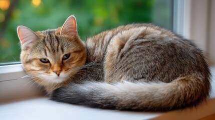 Obraz premium Relaxed Tabby Cat Dozing on Sunlit Windowsill with Blurred Green Background