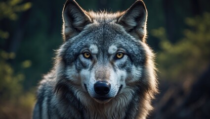Obraz premium A detailed canines portrait of a grey wolf during summer in the forest, emphasizing its fur and predator gaze